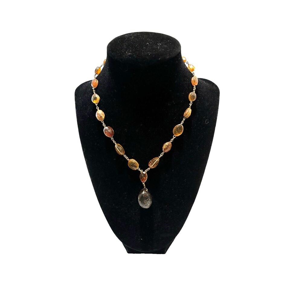 Vintage Beaded Amber Colored Necklace with Hanging Stone